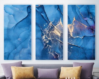 Ripples Of Blue + Gold Canvas Print, Calming Watercolor Wall Art, Dreamy Abstract Alcohol Ink Painting, Ready-To-Hang Beautiful Modern Art