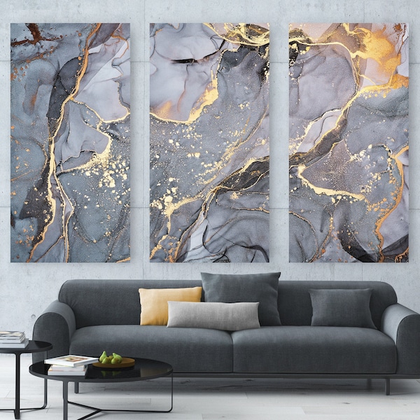 Gray Ripples + Gold Canvas Print, Abstract Alcohol Ink Painting, Beautiful Watercolor Art, Calm Modern Wall Art, Classy Gray-Gold Canvas Art