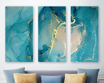 Teal Blue + Gold Fluid Art Canvas, Abstract Alcohol Ink Modern Painting, Large Gallery-Wrapped Wall Art, Home + Office Decor, Ready To Hang