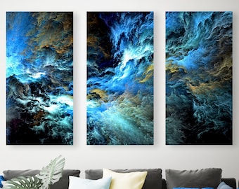 Electric Blue Storm Clouds Canvas, Surreal Abstract Fractal Art Painting, Gallery-Wrap Modern Wall Art, Home + Office Decor, Ready To Hang