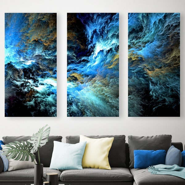 Electric Blue Storm Clouds Canvas, Surreal Abstract Fractal Art Painting, Gallery-Wrap Modern Wall Art, Home + Office Decor, Ready To Hang