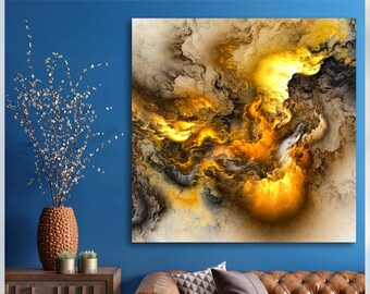 Golden Fire Fractal Art Canvas, Modern Art of Heavenly Clouds, Epic Gold + Yellow Abstract Painting, Powerful Wall Art, Unique Wall Decor