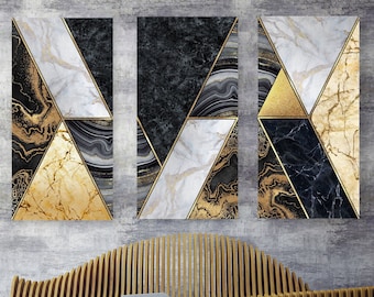 Black + Gold Geometric Art Canvas, Abstract Marble Modern Art Painting, Large Gallery-Wrapped Wall Art, Home + Office Decor, Ready To Hang