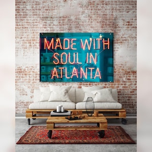 Made With Soul In Atlanta Canvas Art, Canvas Print Of Blue + Red Neon Sign, Atlanta City Wall Art, Georgia Home Decor, Ready-To-Hang Canvas