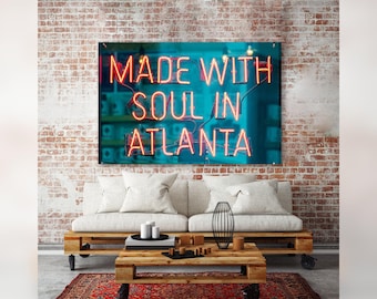 Made With Soul In Atlanta Canvas Art, Canvas Print Of Blue + Red Neon Sign, Atlanta City Wall Art, Georgia Home Decor, Ready-To-Hang Canvas