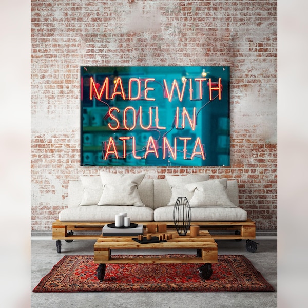 Made With Soul In Atlanta Canvas Art, Canvas Print Of Blue + Red Neon Sign, Atlanta City Wall Art, Georgia Home Decor, Ready-To-Hang Canvas