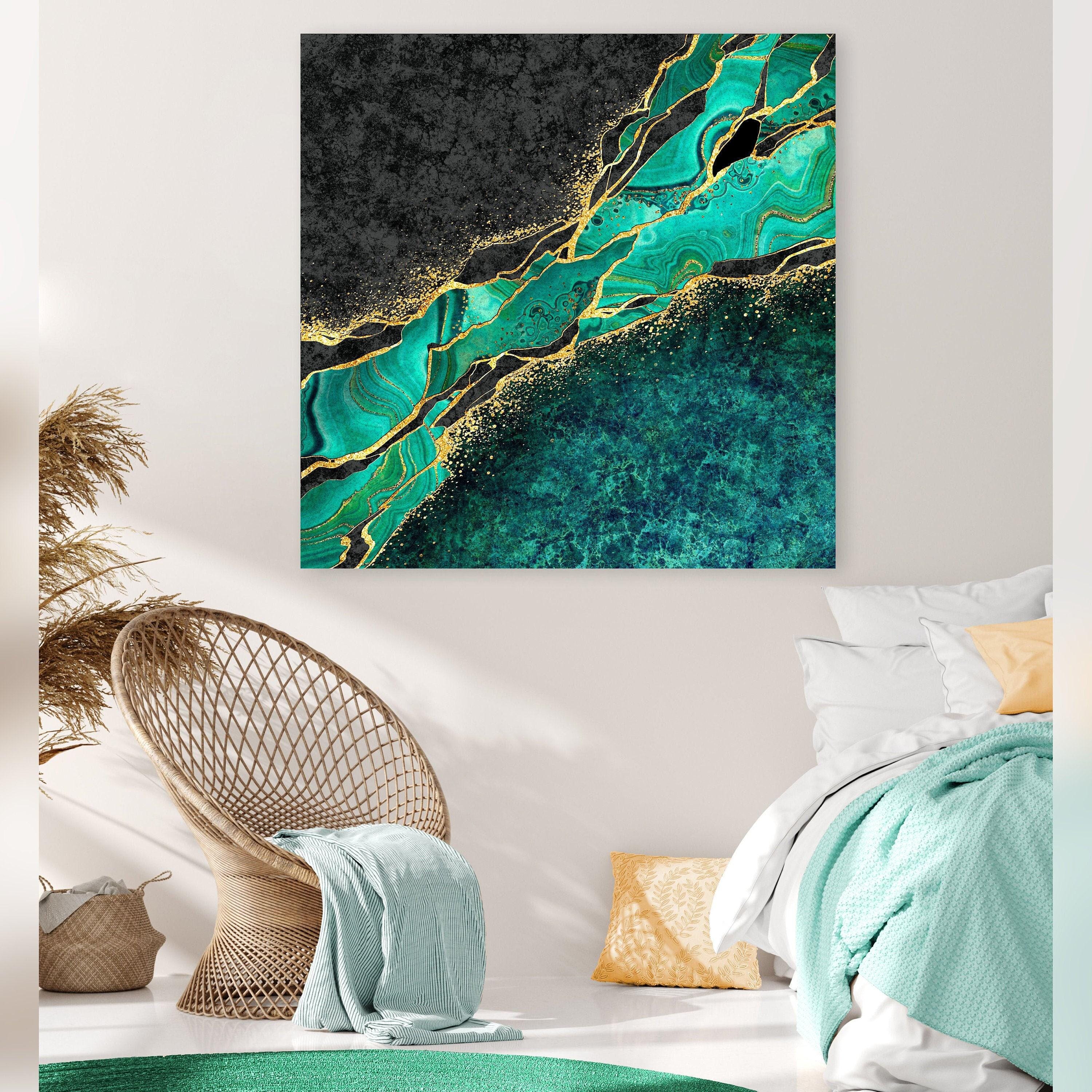 Jade Green + Gold Marble Canvas, Abstract Modern Art Crystal