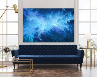May include: A rectangular wall art piece featuring an abstract explosion of deep blue, light blue, and white colors. The composition displays swirling, cloud-like textures that radiate from a central bright point, creating a dynamic visual effect.