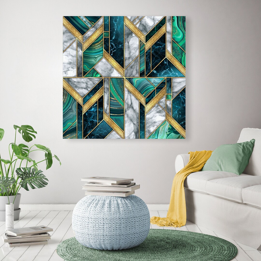 Set of 3, Multi Canvas Teal Green Gold Black White Modern Wall Art