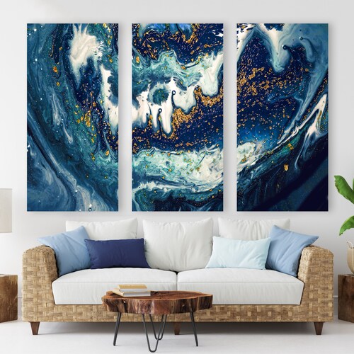 Blue Gold Marble Canvas Wall Art Abstract Wall Print Home Etsy