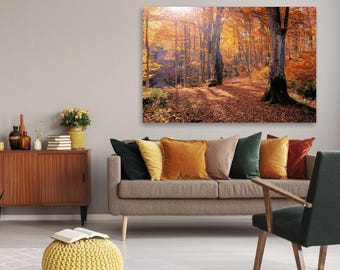 Golden Autumn Forest Canvas Art, Colorful Red + Yellow Fall Leaves + Trees, Calming Nature Wall Art, Home + Office Wall Decor, Ready To Hang