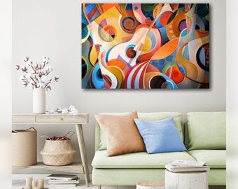 Colorful Guitar Music Canvas Art, Cheerful Cubist Painting of Guitars, Bright Modern Wall Art, Music Lover Gift, Ready To Hang Abstract Art