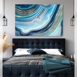 Azure Blue Geode Art Canvas, Illustration Of Gold + Crystals, Cerulean Blue + Gold Wall Art, Beautiful Modern Art Painting, Cool Canvas Art afbeelding 4