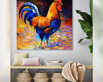 Proud Rooster Canvas Print, Beautiful Painting of Chicken, Farm Animal Wall Art, Colorful Rustic Home Decor, Farm Life Impressionist Art