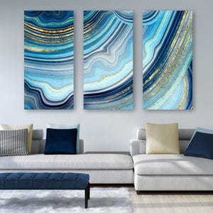 Azure Blue Geode Art Canvas, Illustration Of Gold + Crystals, Cerulean Blue + Gold Wall Art, Beautiful Modern Art Painting, Cool Canvas Art afbeelding 1