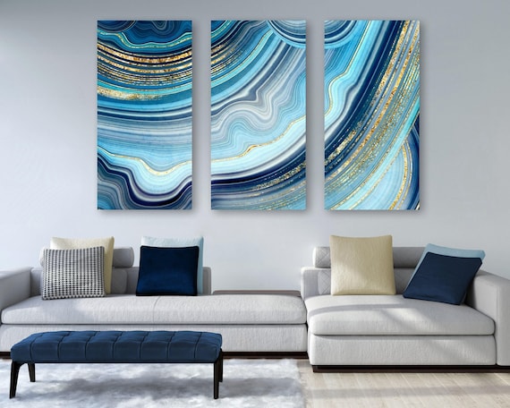 Azure Blue Geode Art Canvas, Illustration Of Gold + Crystals, Cerulean Blue + Gold Wall Art, Beautiful Modern Art Painting, Cool Canvas Art