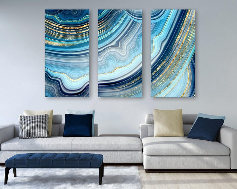 Azure Blue Geode Art Canvas, Illustration Of Gold + Crystals, Cerulean Blue + Gold Wall Art, Beautiful Modern Art Painting, Cool Canvas Art afbeelding 1