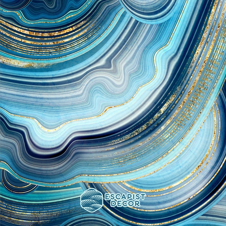 Azure Blue Geode Art Canvas, Illustration Of Gold + Crystals, Cerulean Blue + Gold Wall Art, Beautiful Modern Art Painting, Cool Canvas Art afbeelding 2