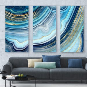 Azure Blue Geode Art Canvas, Illustration Of Gold + Crystals, Cerulean Blue + Gold Wall Art, Beautiful Modern Art Painting, Cool Canvas Art afbeelding 3