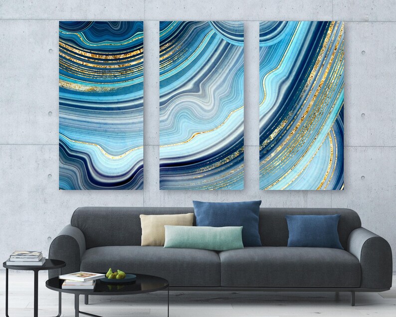Azure Blue Geode Art Canvas, Illustration Of Gold + Crystals, Cerulean Blue + Gold Wall Art, Beautiful Modern Art Painting, Cool Canvas Art afbeelding 3