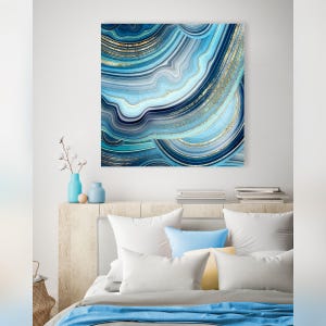 Azure Blue Geode Art Canvas, Illustration Of Gold + Crystals, Cerulean Blue + Gold Wall Art, Beautiful Modern Art Painting, Cool Canvas Art afbeelding 5