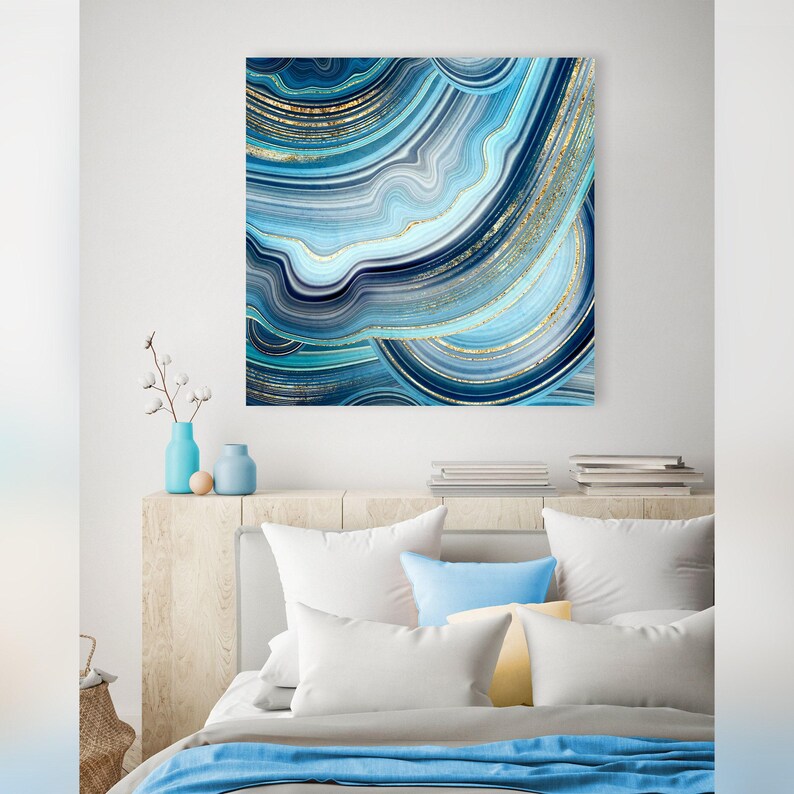 Azure Blue Geode Art Canvas, Illustration Of Gold + Crystals, Cerulean Blue + Gold Wall Art, Beautiful Modern Art Painting, Cool Canvas Art afbeelding 5