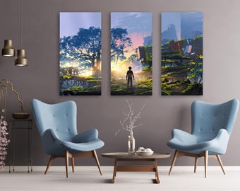 A Hopeful Dawn Painting, Canvas Art of Overgrown City Ruins, Beautiful Post-Apocalyptic Painting, Inspirational Solarpunk Sci-Fi Wall Art