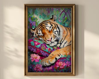 Lámina decorativa de tigre a todo color para pared, póster vibrante de animales de la selva, obra de arte de vida silvestre exótica para baño, sala de estar, Airbnb o decoración bohemia.