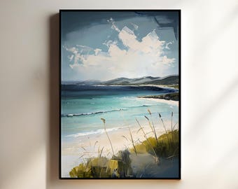 Coastal Landscape Wall Art Print, Turquoise Beach View Painting for Beach House Decor, Calm Ocean Artwork for Coastal Living Room