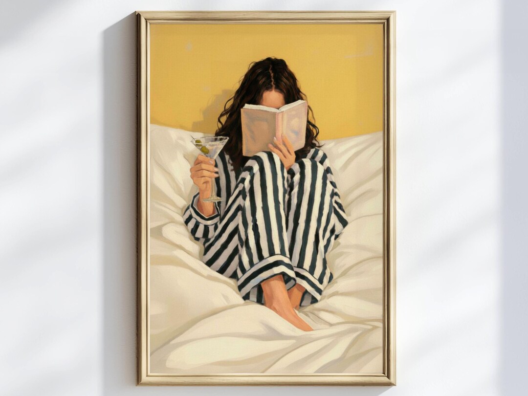 Woman Reading in Striped Pajamas Poster, Cozy Book Lover Art Print ...