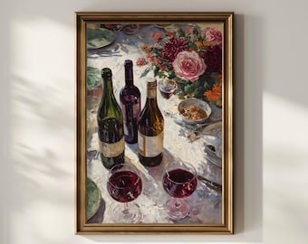 Romantic Wine Table Art Print, Holiday Dinner Party Wall Decor, Burgundy Wine Artwork, Christmas Dining Poster, European Giclée Print