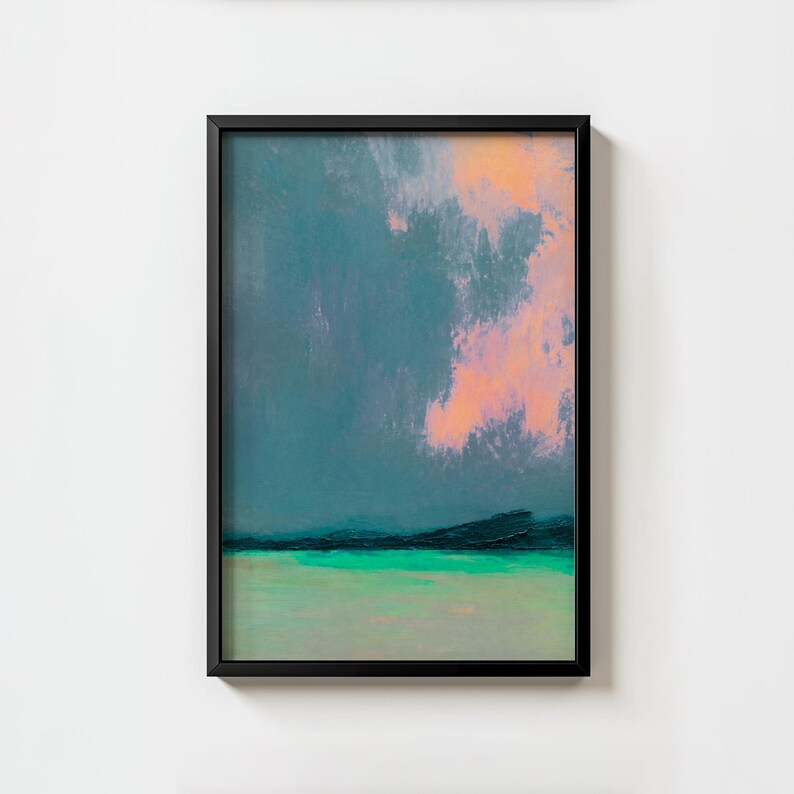 K&ouml;nnte beinhalten: Abstrakte Landschaftsmalerei in einem schwarzen Rahmen. Das Kunstwerk zeigt einen t&uuml;rkisblauen Himmel mit einer rosa-orangenen Wolkenformation. Der untere Teil des Gem&auml;ldes zeigt eine t&uuml;rkisgr&uuml;ne Landschaft.