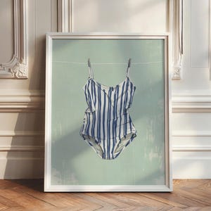 Navy and White Striped Swimsuit Wall Art – Retro Coastal Summer Poster for Beach Houses, Airbnbs & Holiday Decor – Vertical Print