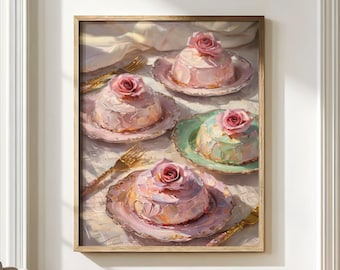 Lámina artística de pastel romántico, decoración de pared de postres navideños, póster de pastel de rosas pastel, lámina de panadería navideña para cocina, arte giclée festivo