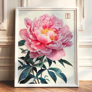 Japanese Peony Wall Art, Asian Botanical Print, Oriental Flower Artwork, Pink Peony Poster, Traditional Japanese Floral Painting