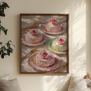 Romantic Cake Art Print, Pastel Rose Dessert Wall Decor, Painterly Bakery Poster, French Patisserie Giclée, Vintage-Inspired Kitchen Art