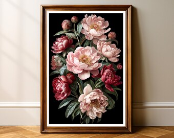 Blush Peony Fine Art Print, Romantic Baroque Floral Wall Art, Moody Vintage Flower Artwork, Elegant Botanical Poster for Home Decor