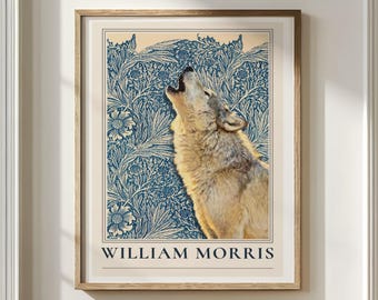 William Morris varg väggkonsttryck, skogsdjursaffisch, rustik heminredning, lantlig stugkärlek i vintagestil, vargälskare gåva