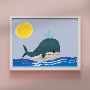 Arte de pared de ballenas para guardería: Precioso collage de océano para habitación infantil / Póster horizontal de ballena con sol y olas / Decoración de animales marinos azules