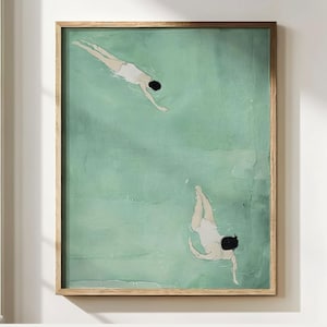 Minimalist Bathroom Wall Art, Japandi Swimmer Print, Calm Pool Green Poster, Wabi Sabi Decor, Beach House Fine Art Print, Unframed