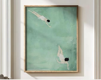 Arte murale minimalista per il bagno, stampa di nuotatore Japandi, poster verde piscina calma, decorazione Wabi Sabi, stampa artistica di una casa sulla spiaggia, senza cornice