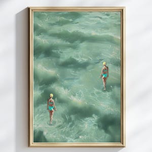 Distant Swimmers Wall Art Print, Coastal Bathroom Decor, Minimalist Ocean Artwork, Japandi Style, Calm Water Poster, Beach House Print