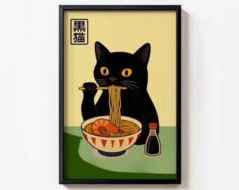 Cat Ramen Poster, Black Cat Japanese Wall Art, Funny Kitchen Noodle Print, Kawaii Cat Foodie Illustration, Cute Cat Eating Ramen Decor