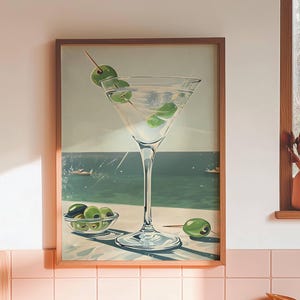 Póster de cóctel Martini: impresión artística de pared para bar costero, decoración de cocina con bebida de aceitunas, arte retro de cócteles costeros, póster de bebida de verano, impresión artística