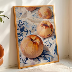 Peach Still Life Art Print • Mediterranean Kitchen Wall Decor • Summer Fruit Poster • Airbnb Dining Room Art • Blue & White Food Print