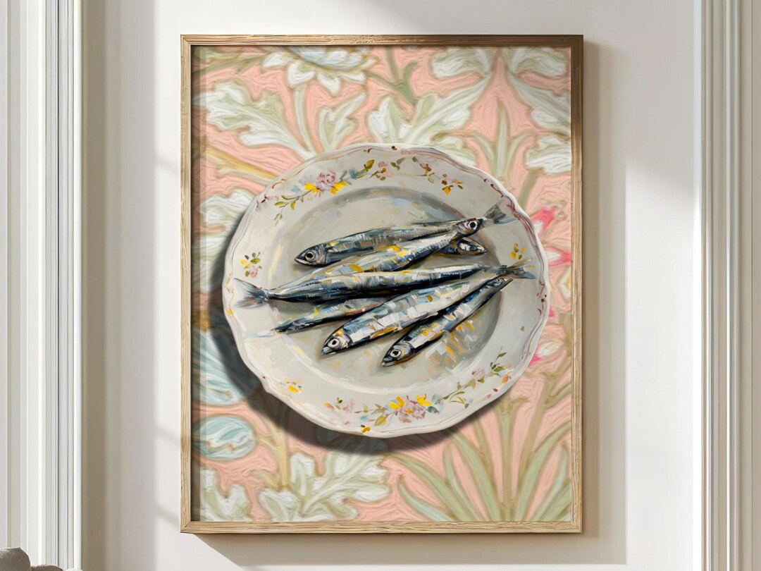 set of three mediterranean kitchen prints | framed... Mediterranean Kitchen Wall Art, Sardine Still Life Print, Coastal Food ...