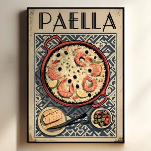 Paella Kitchen Poster, Spanish Food Wall Art, Mediterranean Tapas Print for Restaurant, Airbnb, Farmhouse or Rustic Dining Room Decor