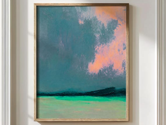 Abstract Ocean Landscape Vertical Poster, Teal Pink Seascape Print, Coastal Abstract Wall Art, Minimalist Decor