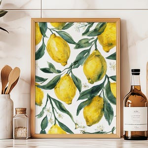 Zitronen Poster für die Küche – Wanddekor in der Küche – Aquarell Zitrusfrüchte mit grünen Blättern – Mediterrane Früchte für das Esszimmer oder die Vorratskammer