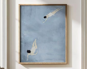 Quadro minimalista con nuotatore blu, stampa per bagno in stile costiero, decorazione spa in stile giapponese, poster sereno ispirato all'oceano per casa al mare o Airbnb